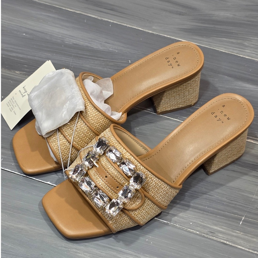 A New Day Kathleen Sandals Raffia‎ Rhinestone Buckle Block Heel Mules Square Toe